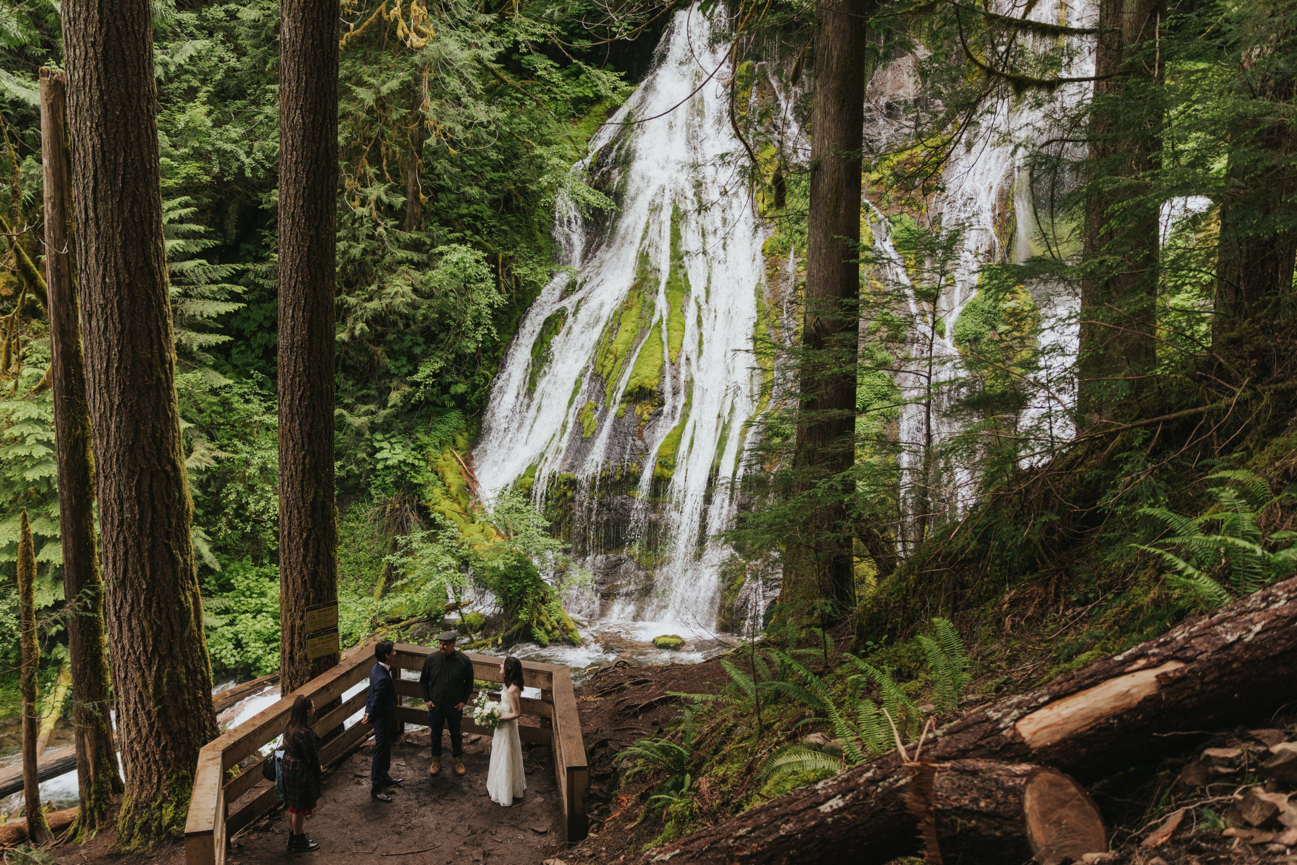 Four people stand at a deck in front of a waterfall called Panther Creek Falls.