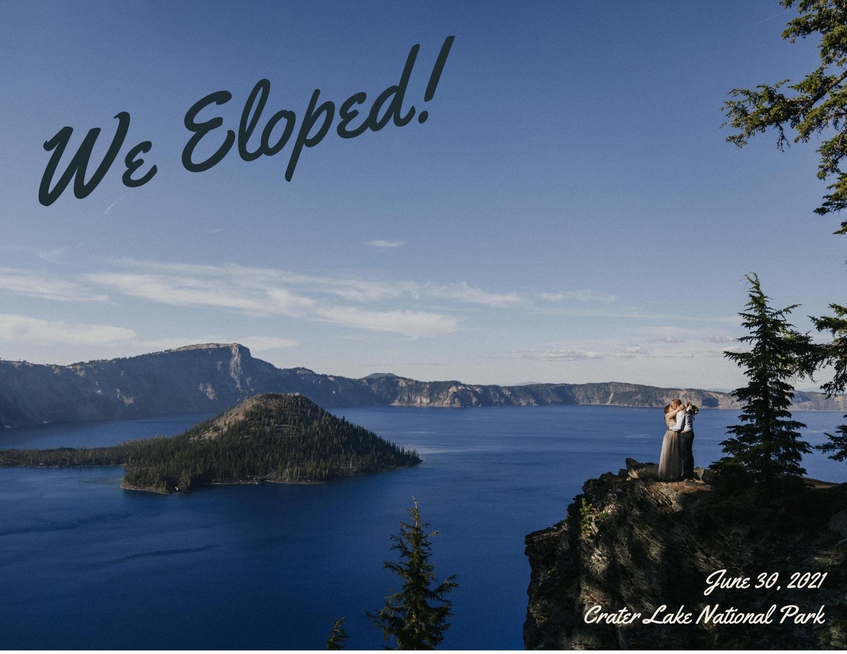 An example of a "We Eloped" postcard of how to announce your elopement to family and friends.